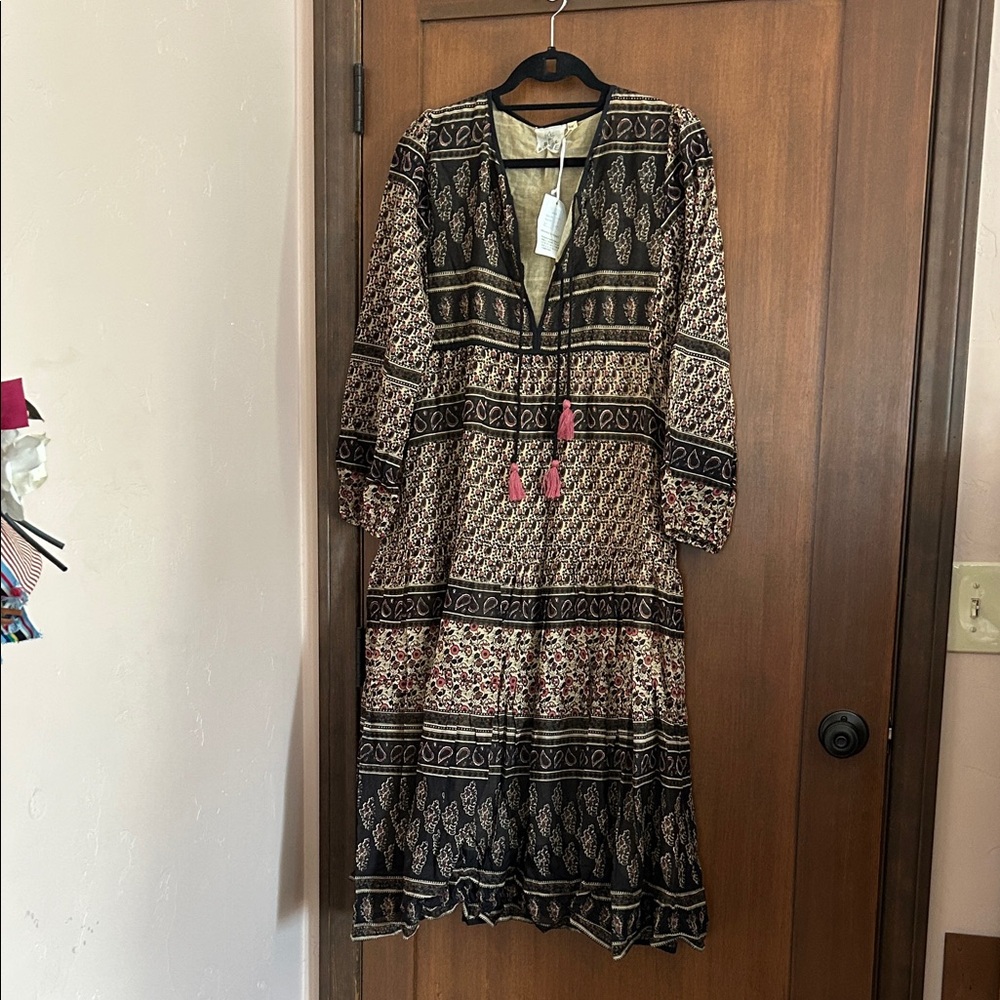 Blue Boheme Linen-Style Dress with Black Trim S/M
